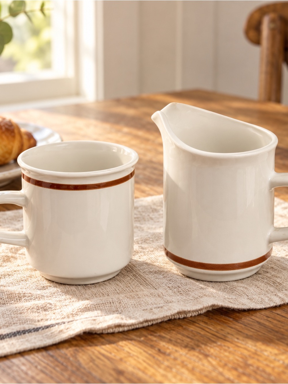 Cream Ceramic Creamer and Sugar Set with Brown Band